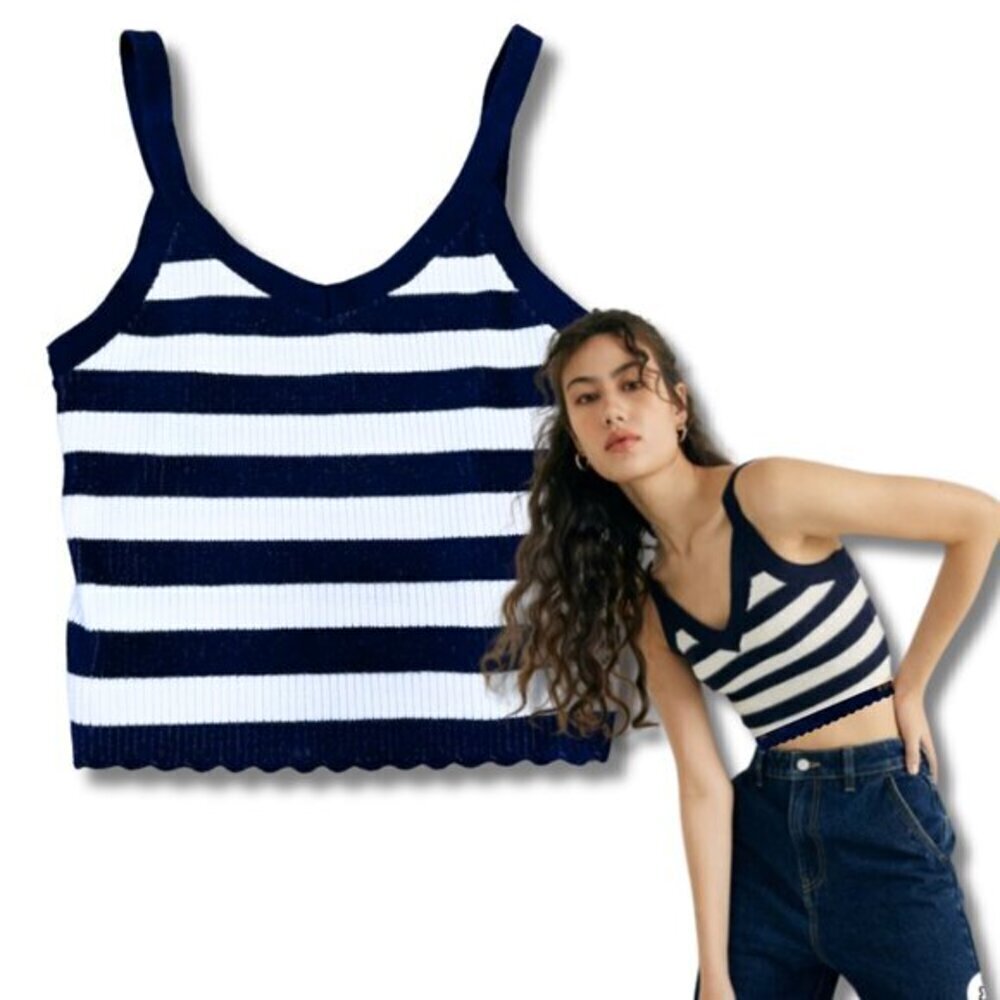 Blue White Striped Ribbed Cropped Tank Top